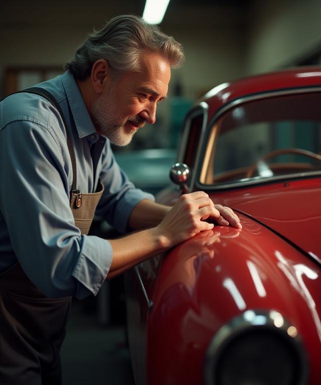 Il fondatore di Rugiada Auto che applica con cura un prodotto sulla carrozzeria di un'auto d'epoca.